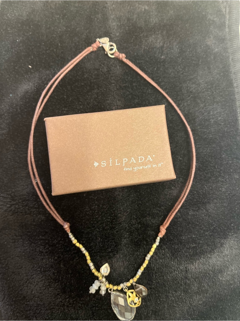 Silpada Brown Cord Necklace with Gold and Clear Accents